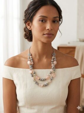 Vintage Double Strand Necklace – Moonstone Pink & Slate Grey Beaded Elegance
